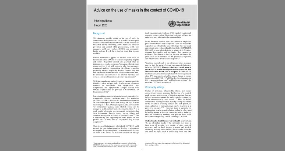 World Health Organization a publicat Advice on the use of masks in the context of COVID-19: interim guidance (Sfaturi despre utilizarea măștilor în contextul COVID-19: îndrumări provizorii)